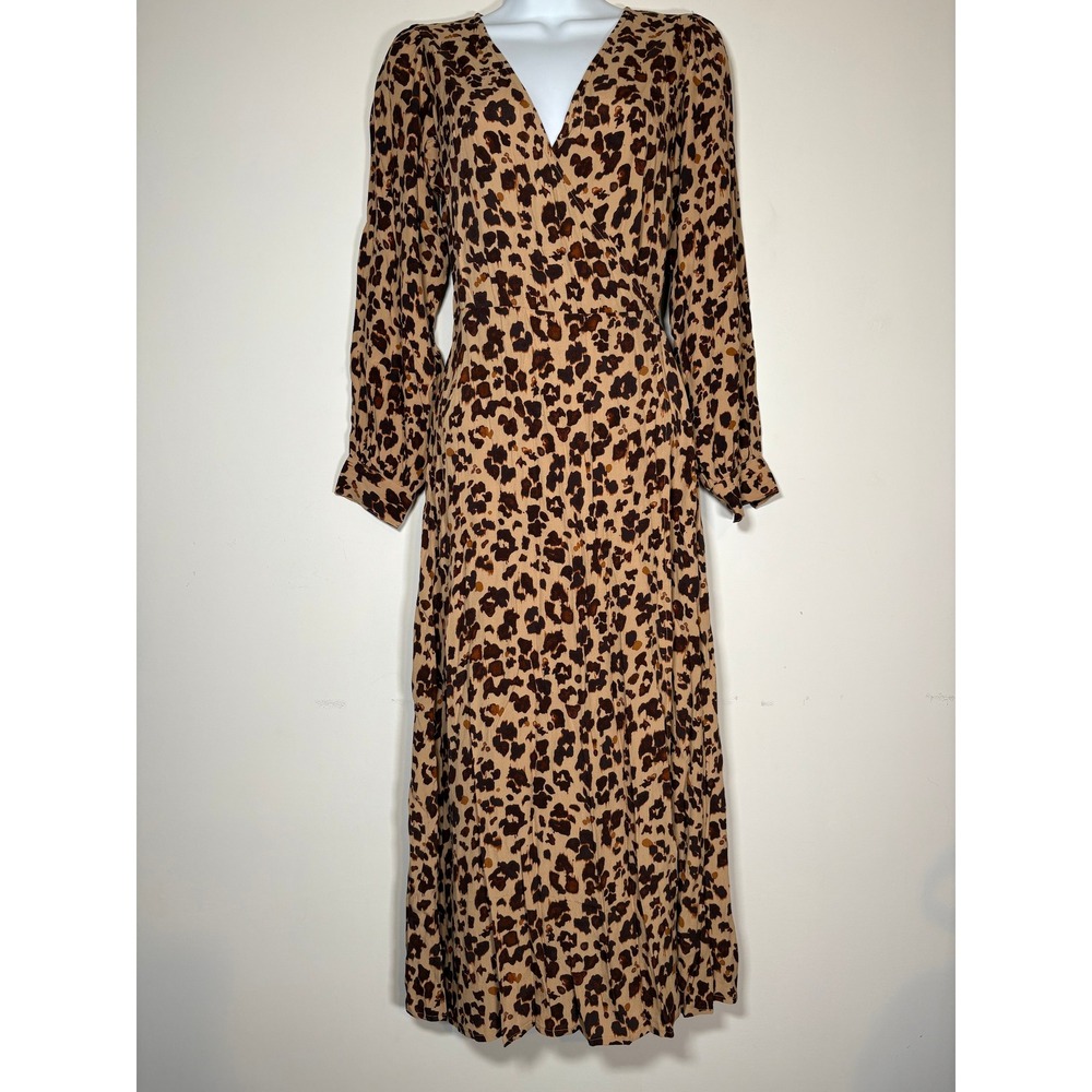 Gap NWT Midi Dress Brown Leopard Print Wrap Long Sleeve Animal Classic 4 Petite